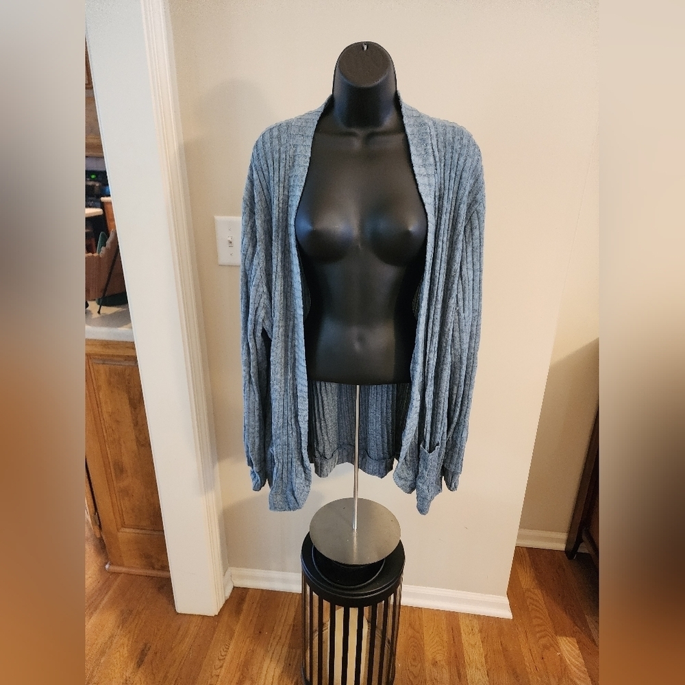Cozy Open-Front Ribbed Cardigan Sweater - Blue